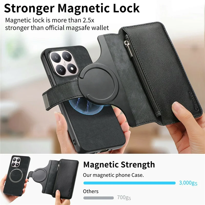 For Xiaomi 15T Case CASENEO MW-02 Detachable Magnetic Leather Flip Phone Cover - Black