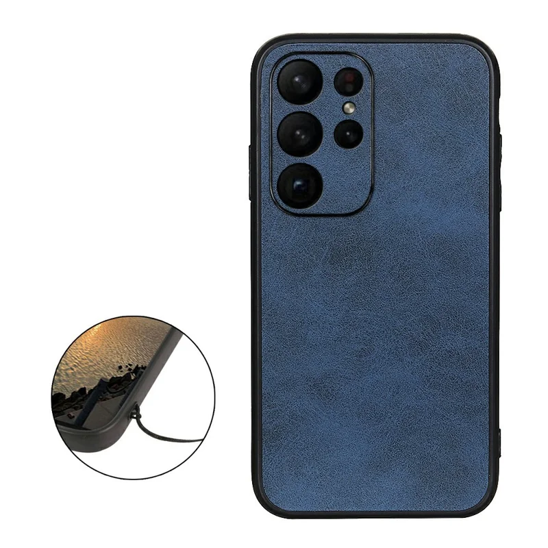 For Samsung Galaxy S23 Ultra Hard PC+TPU+PU Leather Mobile Phone Case Cowhide Texture Dustproof Anti-Scratch Phone Cover - Blue
