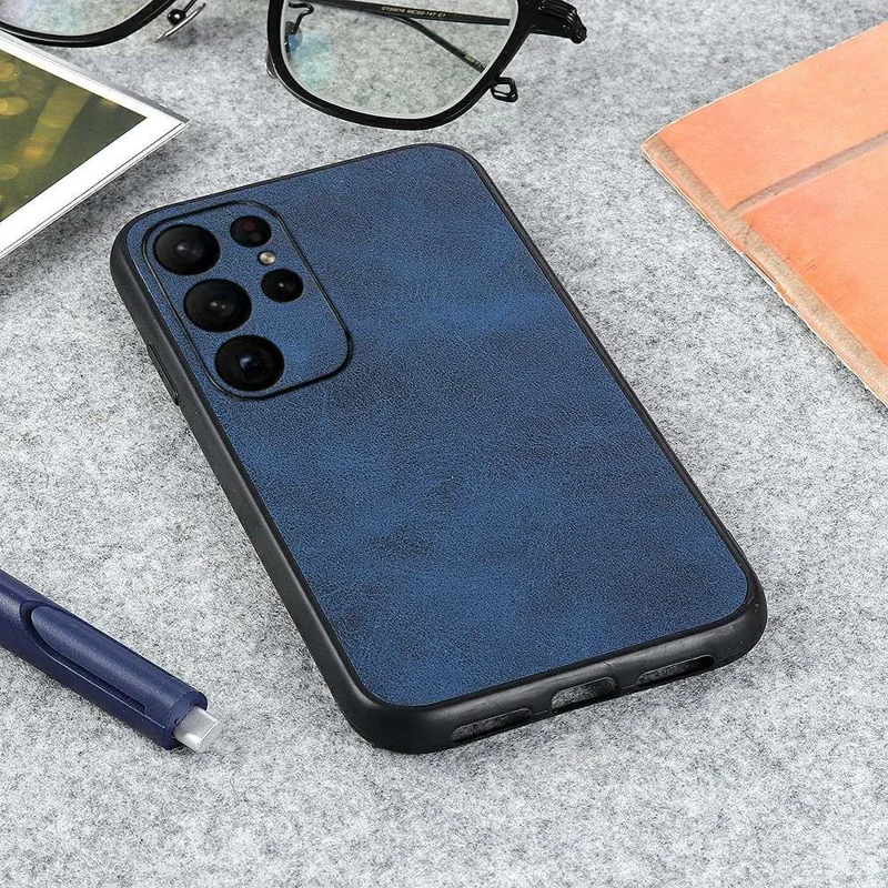 For Samsung Galaxy S23 Ultra Hard PC+TPU+PU Leather Mobile Phone Case Cowhide Texture Dustproof Anti-Scratch Phone Cover - Blue