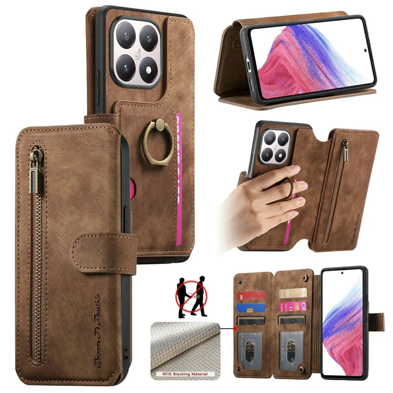 Leather Case For Xiaomi 15T Phone Back Cover with RFID Blocking Zipper Wallet Kickstand - Brown