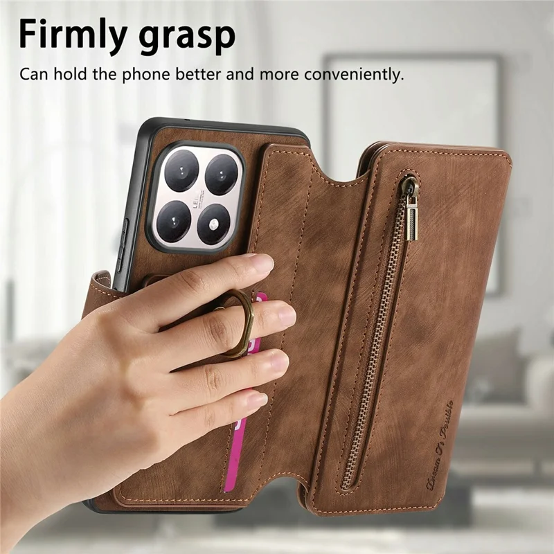 Leather Case For Xiaomi 15T Phone Back Cover with RFID Blocking Zipper Wallet Kickstand - Brown