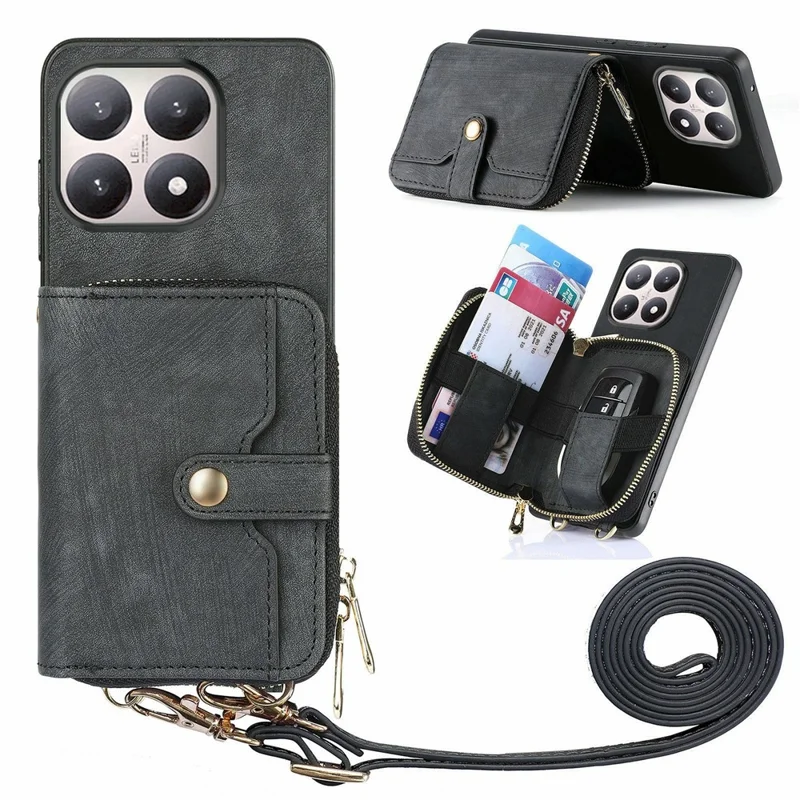 For Xiaomi 15T PU Leather Phone Back Cover with Zipper Card Holder and Long Strap - Black