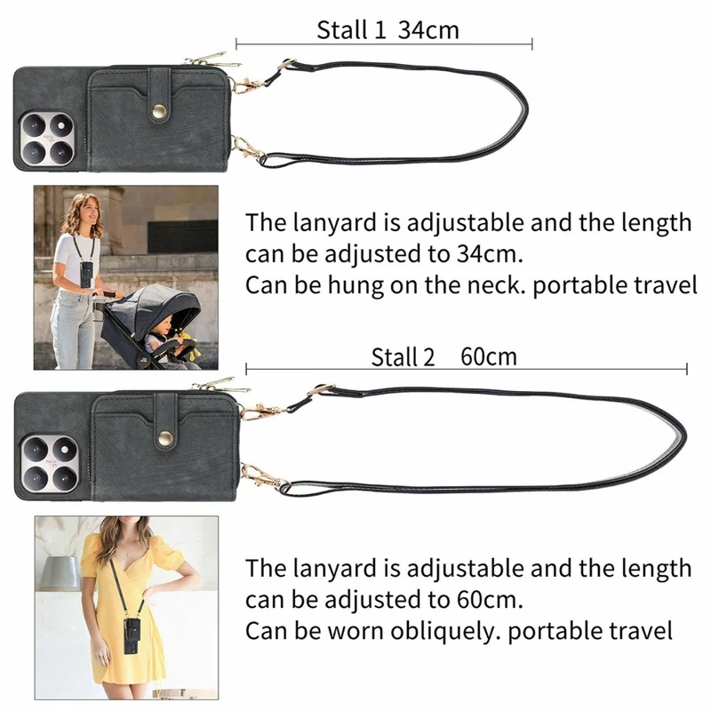 For Xiaomi 15T PU Leather Phone Back Cover with Zipper Card Holder and Long Strap - Black