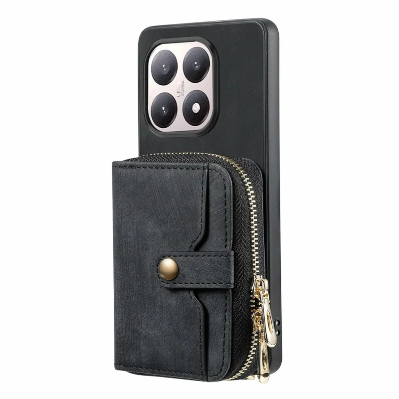 For Xiaomi 15T PU Leather Phone Back Cover with Zipper Card Holder and Long Strap - Black