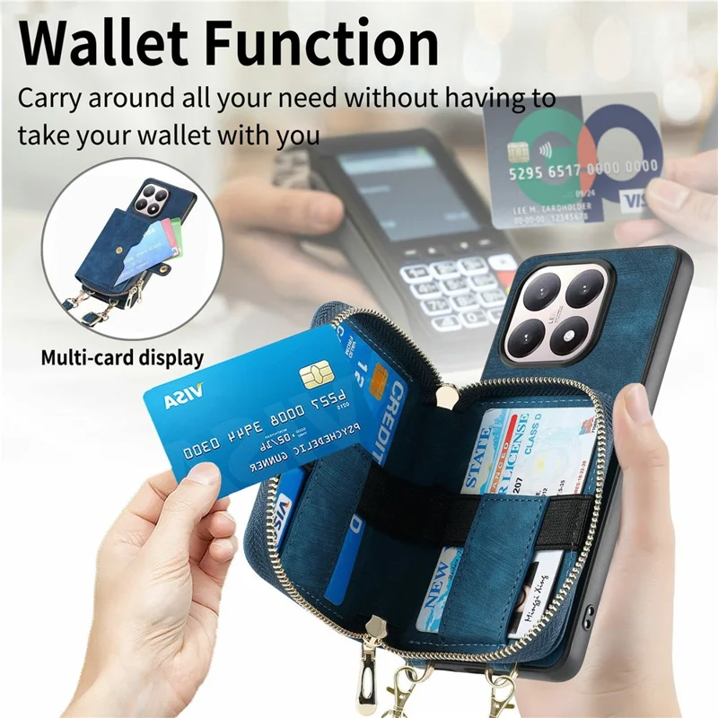 For Xiaomi 15T PU Leather Phone Back Cover with Zipper Card Holder and Long Strap - Black