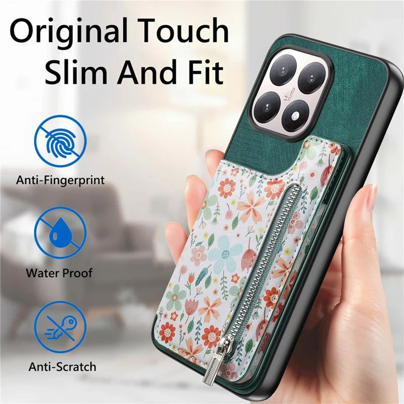 Xiaomi 15T Leder-Handyhülle mit RFID-Blockierung, Reißverschlusstaschen und Ständer - Grün