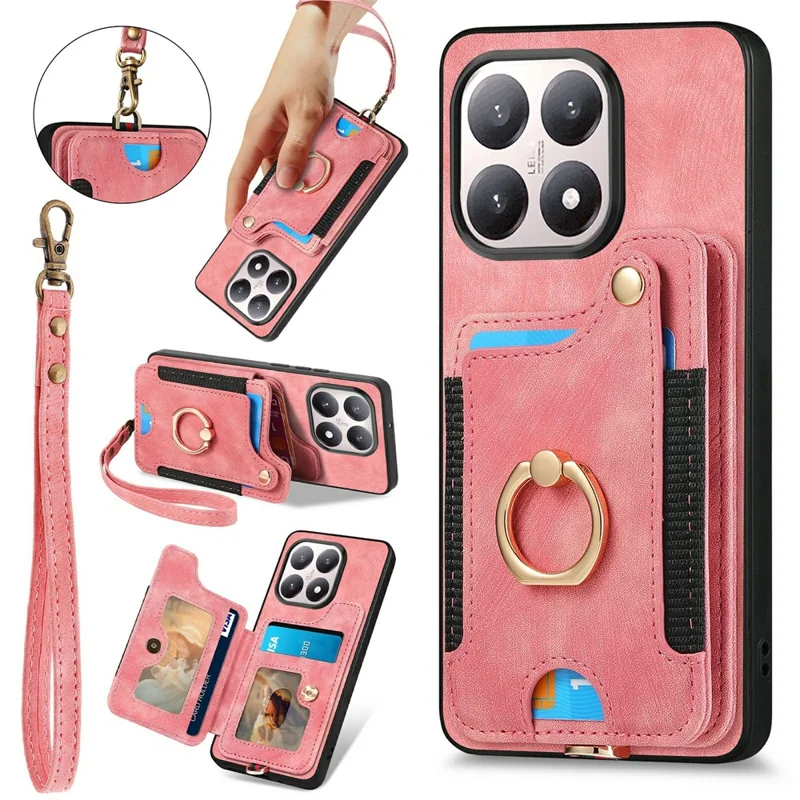 For Xiaomi 15T Retro PU Leather Case Phone Cover with RFID Blocking Card Holder  /  Ring Holder - Pink