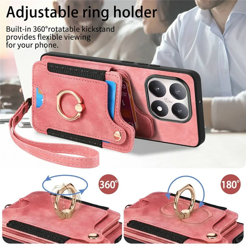 For Xiaomi 15T Retro PU Leather Case Phone Cover with RFID Blocking Card Holder  /  Ring Holder - Pink
