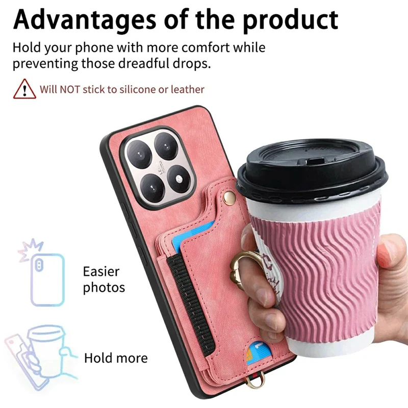 For Xiaomi 15T Retro PU Leather Case Phone Cover with RFID Blocking Card Holder  /  Ring Holder - Pink