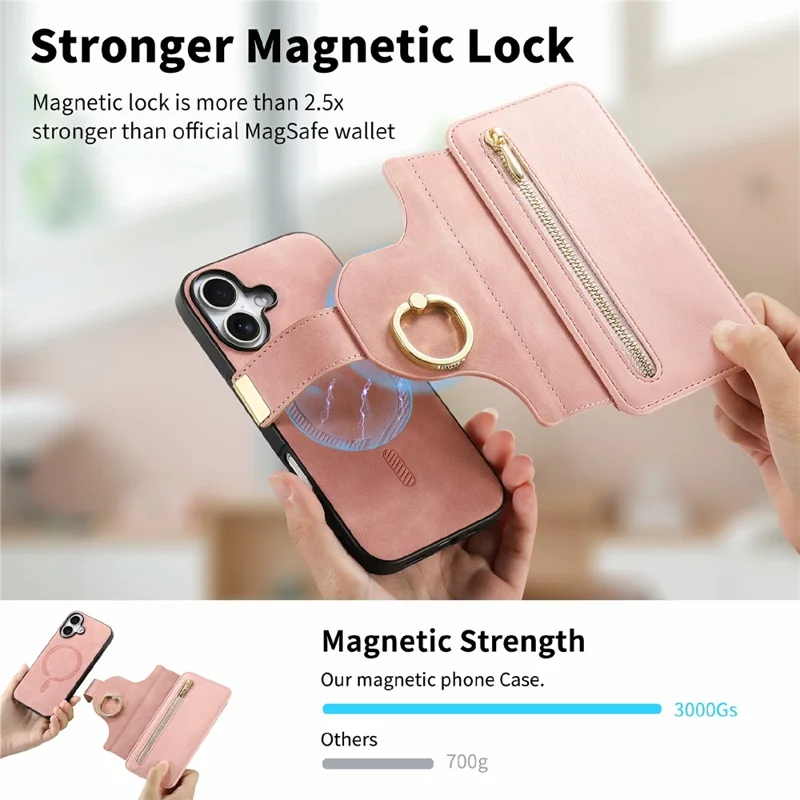 iPhone 17 Magnetische Lederhülle mit abnehmbarer RFID-blockierender Reißverschluss-Brieftasche - Rosa