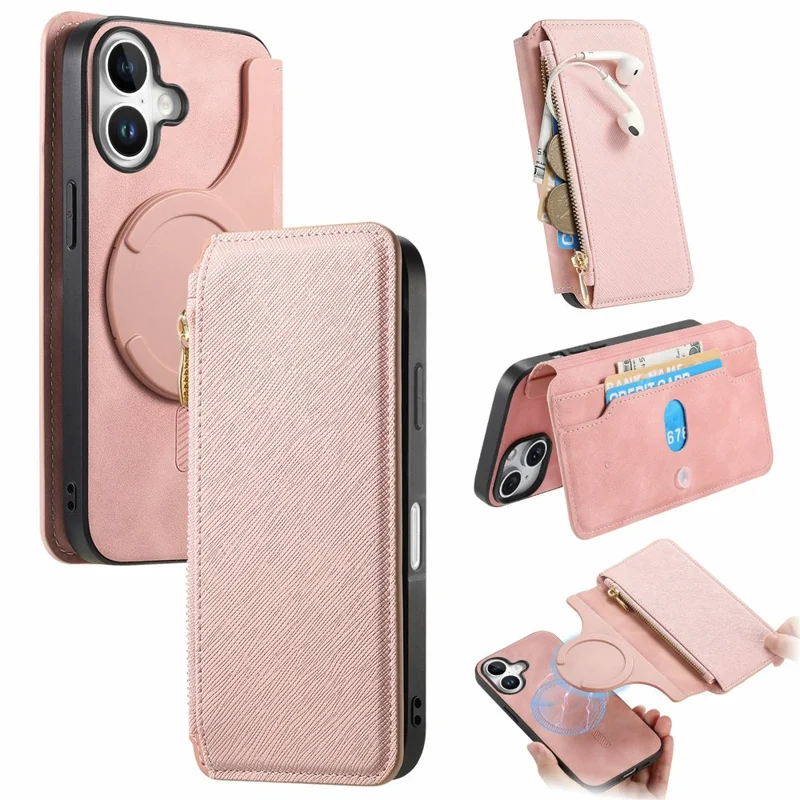 For iPhone 17 Leather Case CASENEO Cross Texture Detachable Magnetic Phone Cover Wallet Stand - Pink