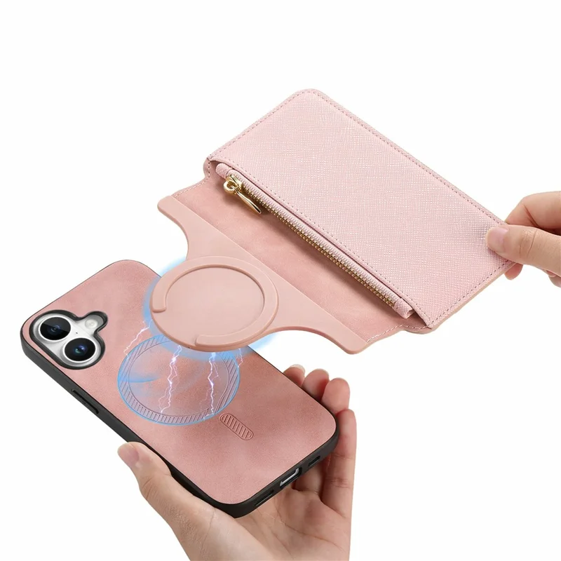 For iPhone 17 Leather Case CASENEO Cross Texture Detachable Magnetic Phone Cover Wallet Stand - Pink