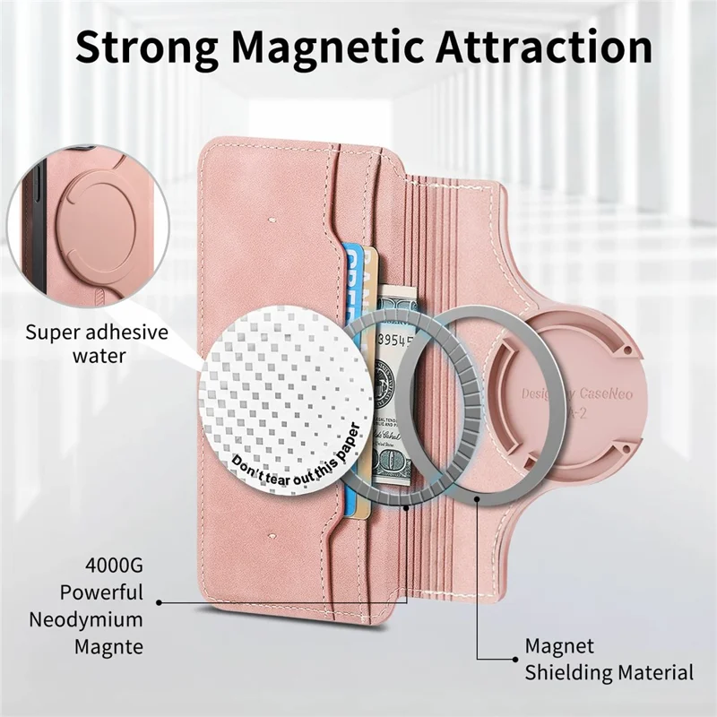 Capa de Couro para iPhone 16 CASENEO Cross Texture Destacável Capa Magnética para Telefone Carteira com Suporte - Rosa