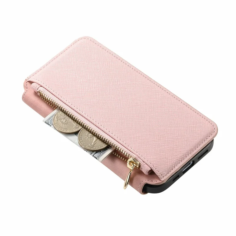 Capa de Couro para iPhone 16 CASENEO Cross Texture Destacável Capa Magnética para Telefone Carteira com Suporte - Rosa