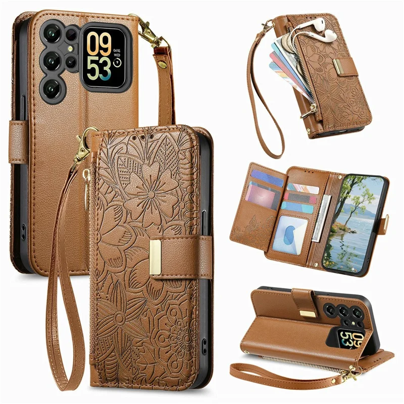 Futera na Oukitel C62 z motywem kwiatów i liści, z wieloma slotami na karty, futerał z zamkiem błyskawicznym z skórzaną opaską na nadgarstek - brązowy