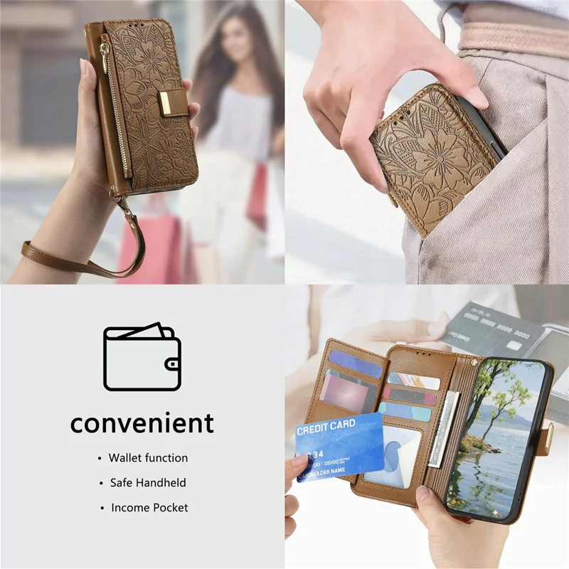 Futera na Oukitel C62 z motywem kwiatów i liści, z wieloma slotami na karty, futerał z zamkiem błyskawicznym z skórzaną opaską na nadgarstek - brązowy
