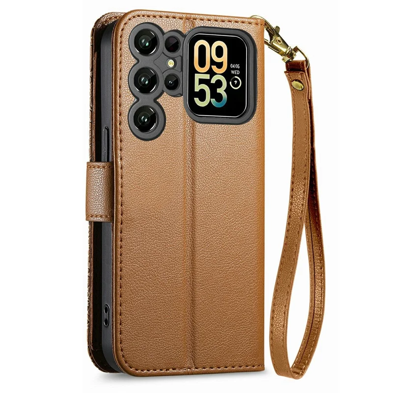 Futera na Oukitel C62 z motywem kwiatów i liści, z wieloma slotami na karty, futerał z zamkiem błyskawicznym z skórzaną opaską na nadgarstek - brązowy