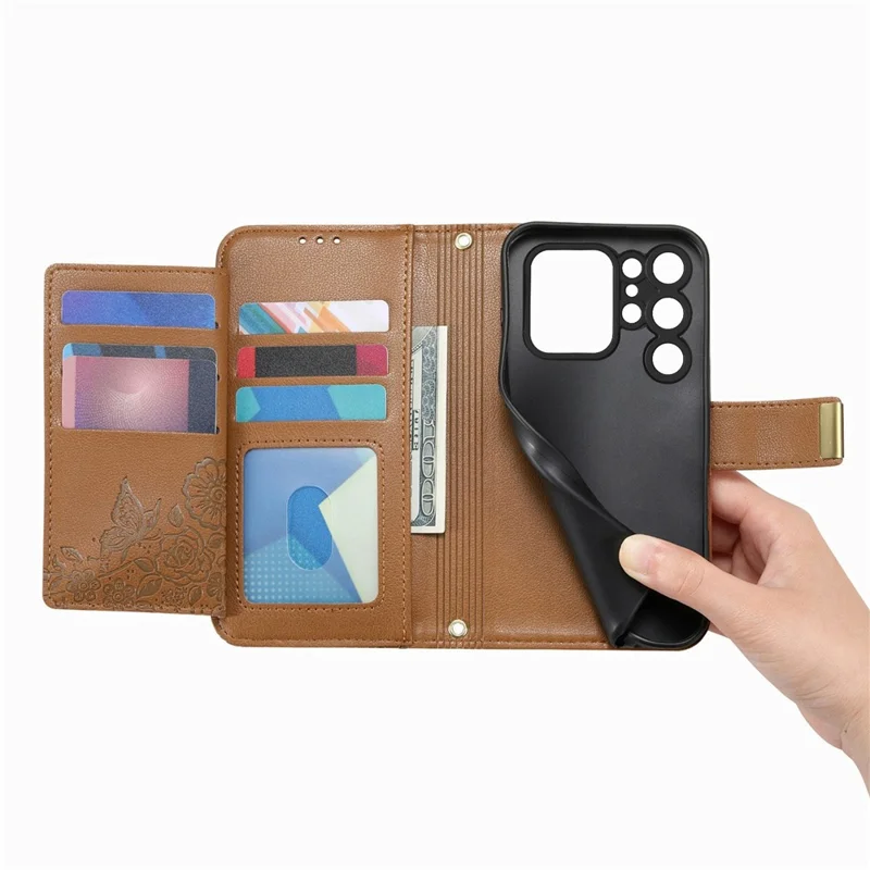 Futera na Oukitel C62 z motywem kwiatów i liści, z wieloma slotami na karty, futerał z zamkiem błyskawicznym z skórzaną opaską na nadgarstek - brązowy