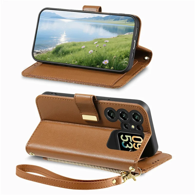 Futera na Oukitel C62 z motywem kwiatów i liści, z wieloma slotami na karty, futerał z zamkiem błyskawicznym z skórzaną opaską na nadgarstek - brązowy