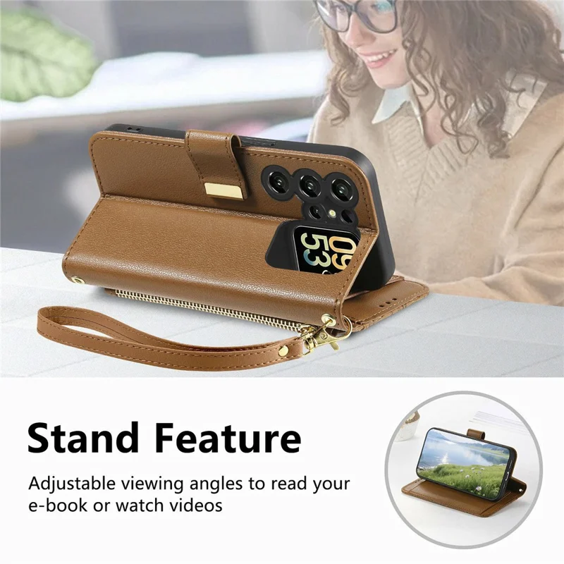 Futera na Oukitel C62 z motywem kwiatów i liści, z wieloma slotami na karty, futerał z zamkiem błyskawicznym z skórzaną opaską na nadgarstek - brązowy