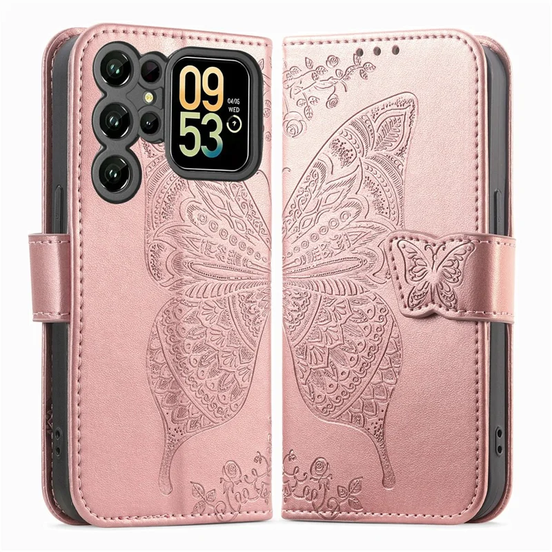 Futerał do Oukitel C62 z paskiem, motywem motyla, skórzana etui-portfel - różowe złoto