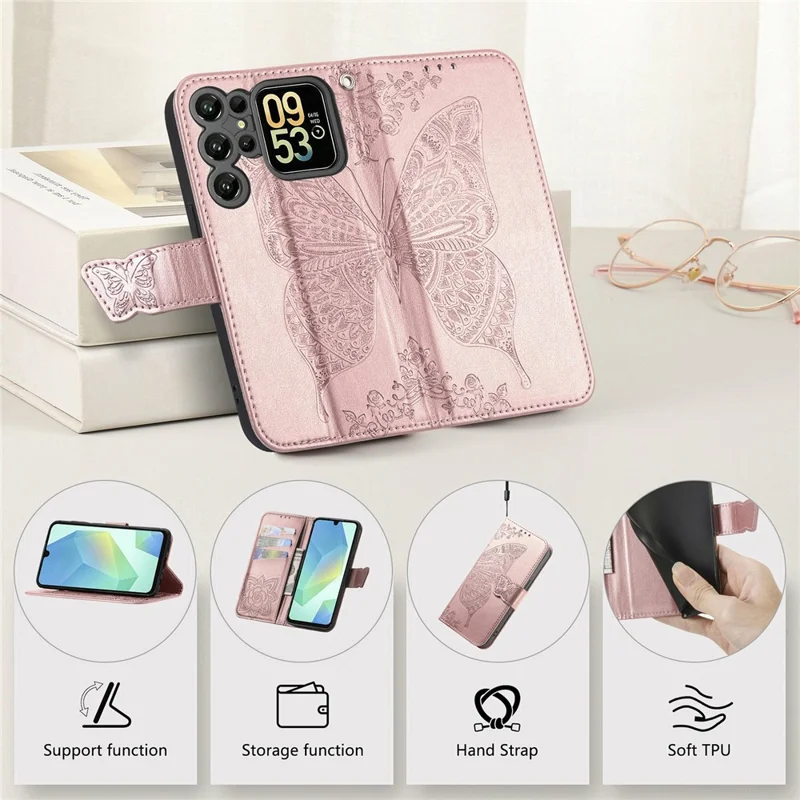 Futerał do Oukitel C62 z paskiem, motywem motyla, skórzana etui-portfel - różowe złoto