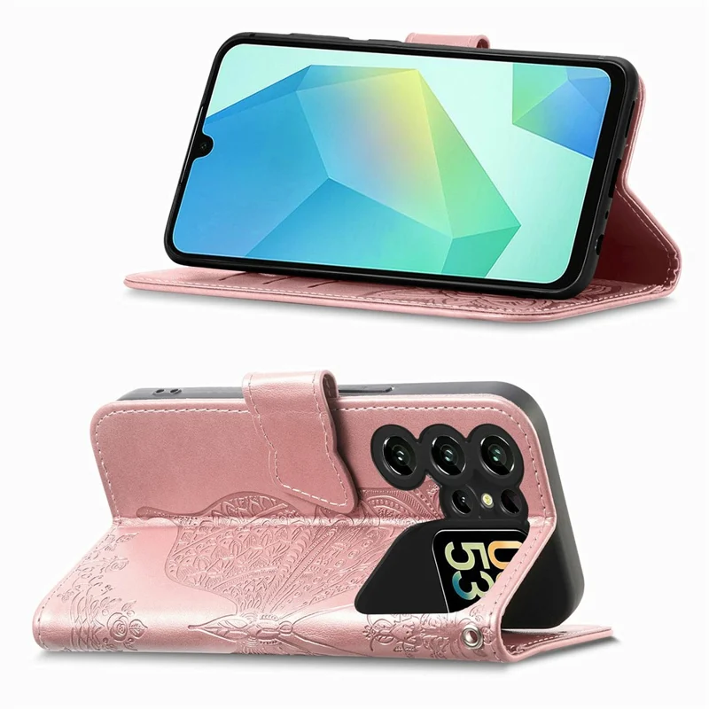 Futerał do Oukitel C62 z paskiem, motywem motyla, skórzana etui-portfel - różowe złoto