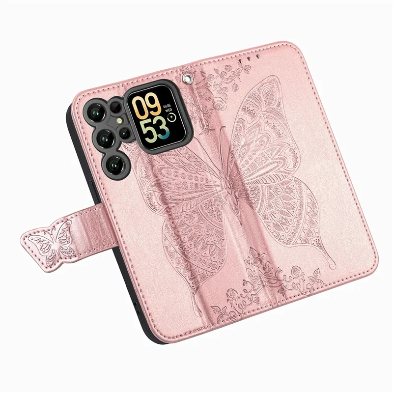 Futerał do Oukitel C62 z paskiem, motywem motyla, skórzana etui-portfel - różowe złoto