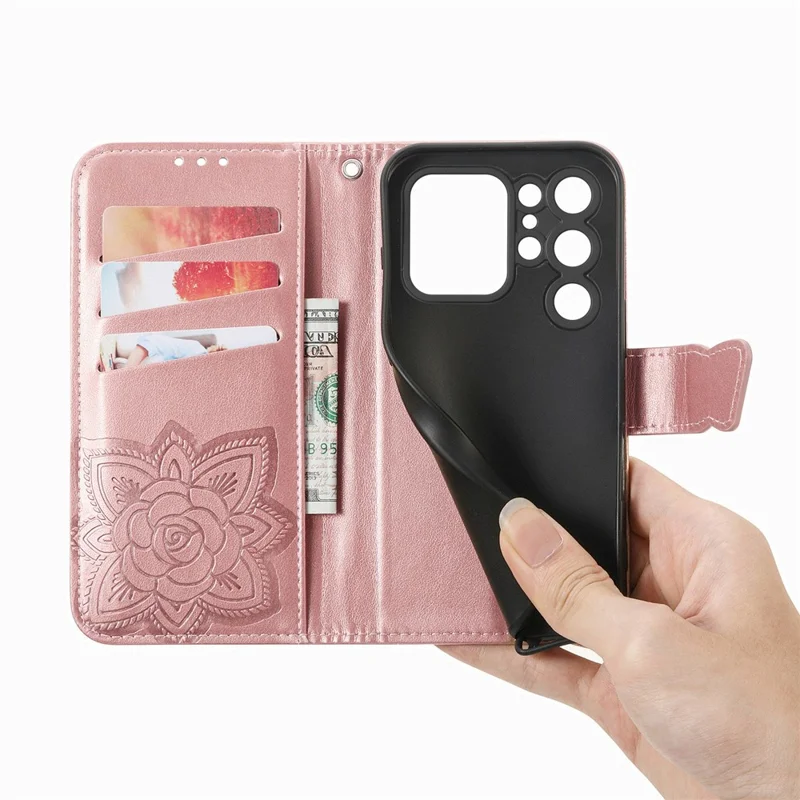 Futerał do Oukitel C62 z paskiem, motywem motyla, skórzana etui-portfel - różowe złoto