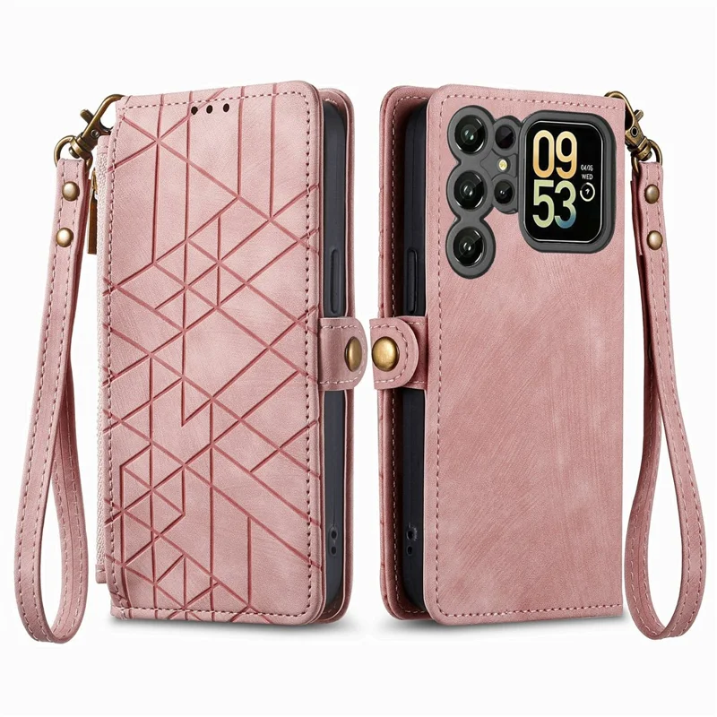 For Oukitel C62 Case Zipper Wallet Geometry Lines Leather Phone Cover with Strap - Pink