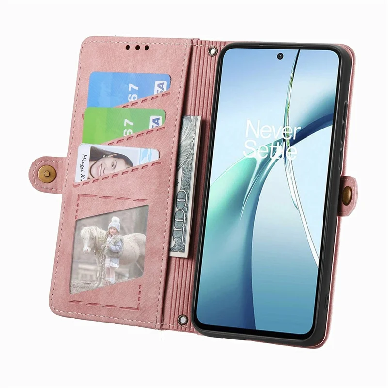 For Oukitel C62 Case Zipper Wallet Geometry Lines Leather Phone Cover with Strap - Pink