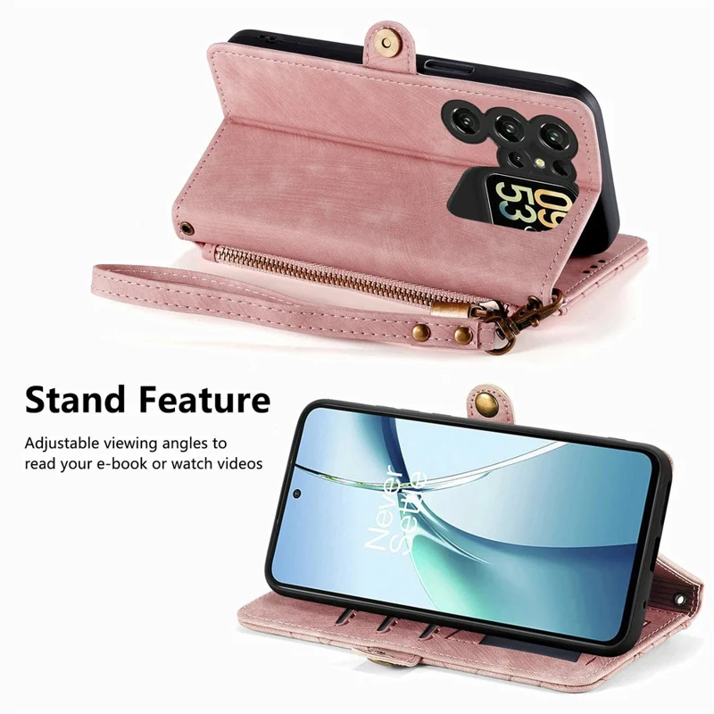 For Oukitel C62 Case Zipper Wallet Geometry Lines Leather Phone Cover with Strap - Pink