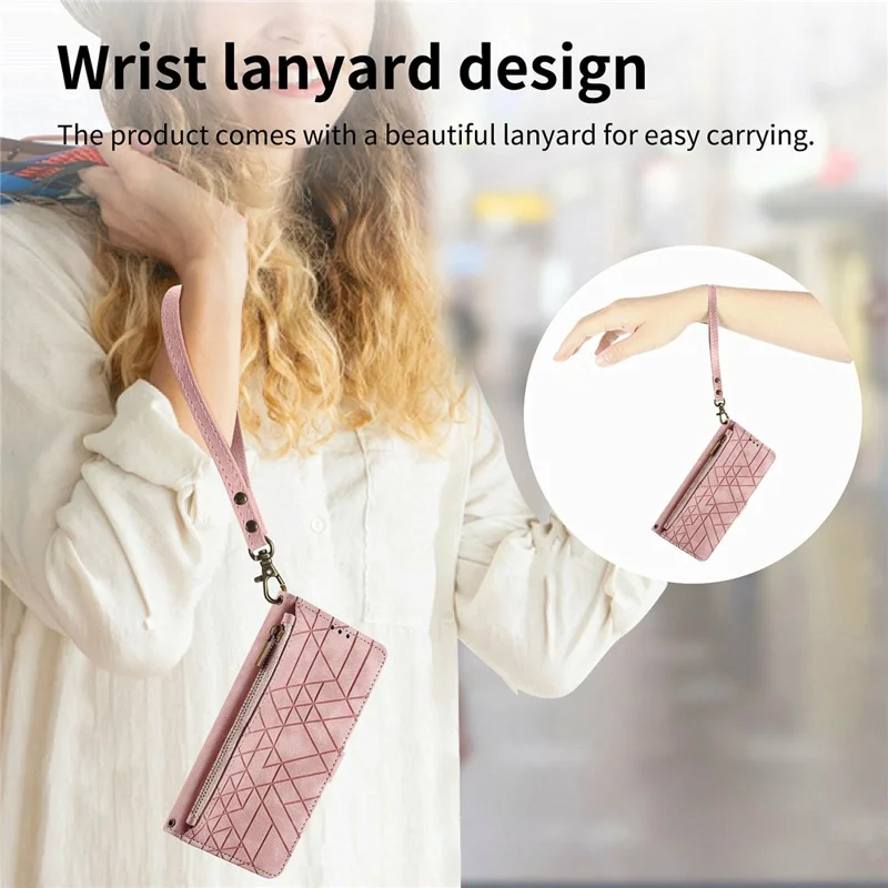 For Oukitel C62 Case Zipper Wallet Geometry Lines Leather Phone Cover with Strap - Pink