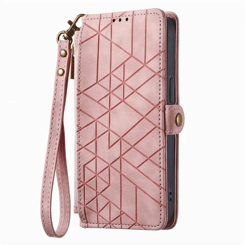 For Oukitel C62 Case Zipper Wallet Geometry Lines Leather Phone Cover with Strap - Pink