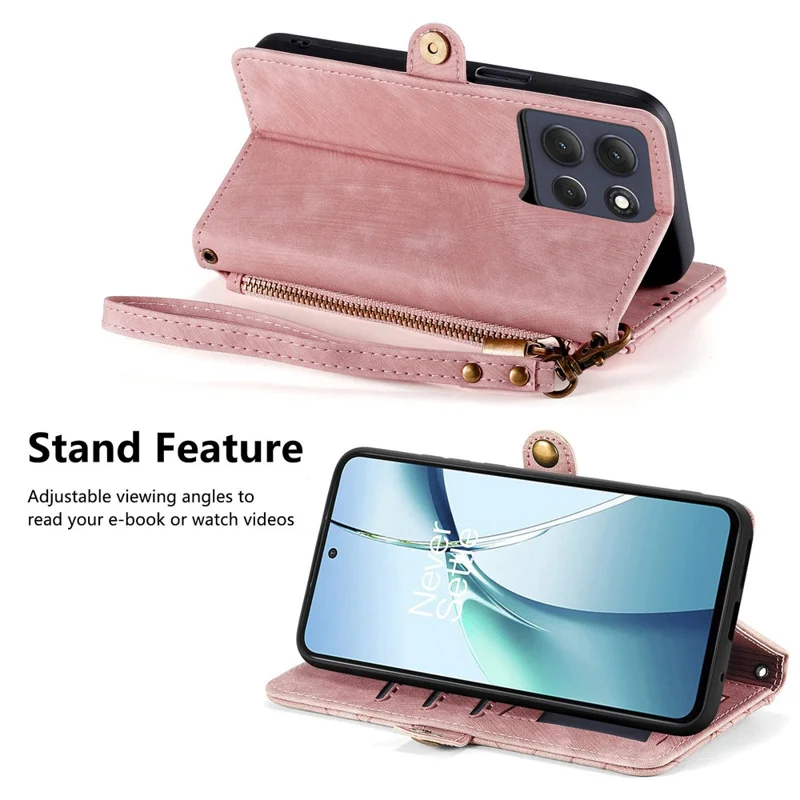 For Motorola Moto G86 Power 5G Case Zipper Wallet Geometry Lines Leather Phone Cover with Strap - Pink