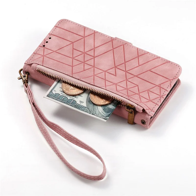 For Motorola Moto G86 Power 5G Case Zipper Wallet Geometry Lines Leather Phone Cover with Strap - Pink