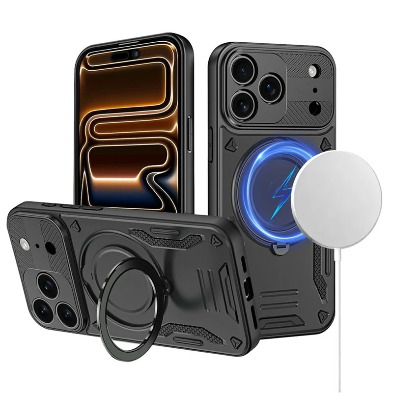 Étui iPhone 17 Pro Max Compatible avec MagSafe Antichoc TPU + Coque Arrière en PC avec Support - Noir