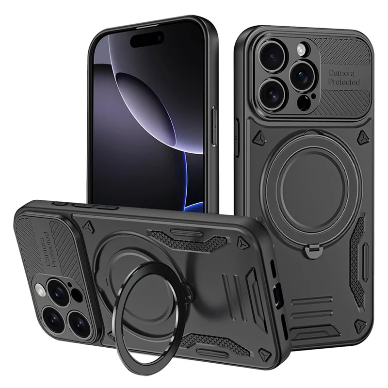 Funda para iPhone 16 Pro compatible con MagSafe, a prueba de golpes, de TPU + PC, con soporte - Negro