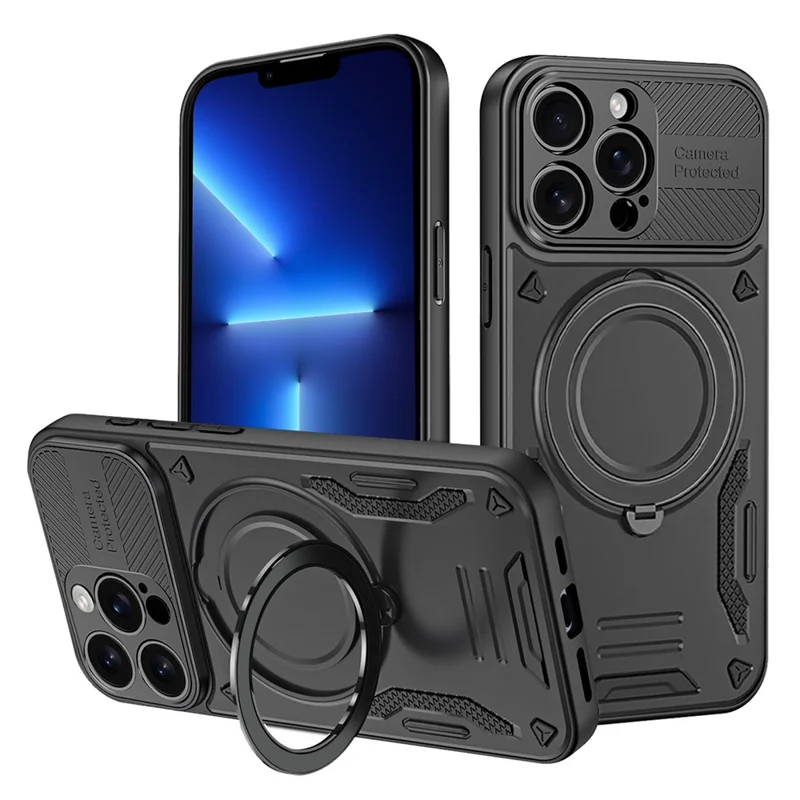 For iPhone 13 Pro Case Compatible with MagSafe Shockproof TPU + PC Phone Back Cover with Kickstand - Black