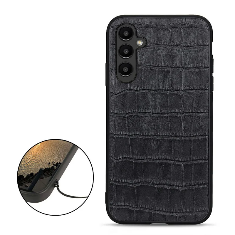 Coque de téléphone portable antidéflagrante pour Samsung Galaxy A14 5G / A14 4G, étui de protection en cuir véritable avec texture crocodile - Noir