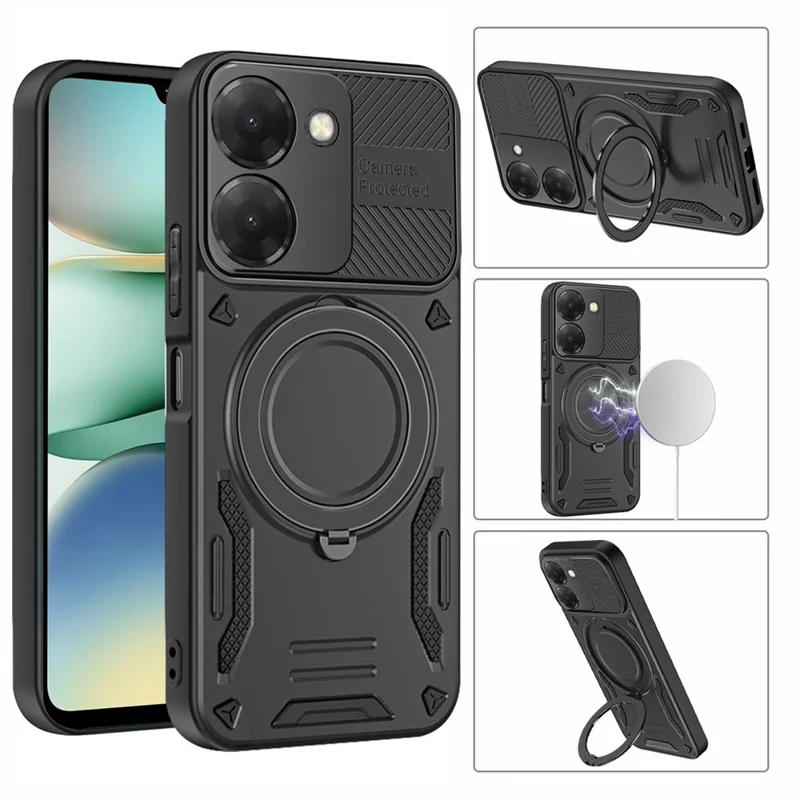 Funda compatible con MagSafe para Xiaomi Redmi A5 NFC (UE) (173,45 mm), cubierta trasera de teléfono a prueba de golpes de TPU + PC con soporte, color negro