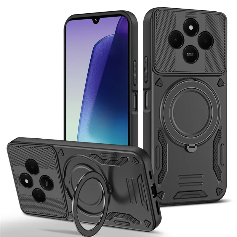 For Xiaomi Redmi 14C 5G Magnetic Case Shockproof TPU + PC Phone Back Cover with Kickstand - Black