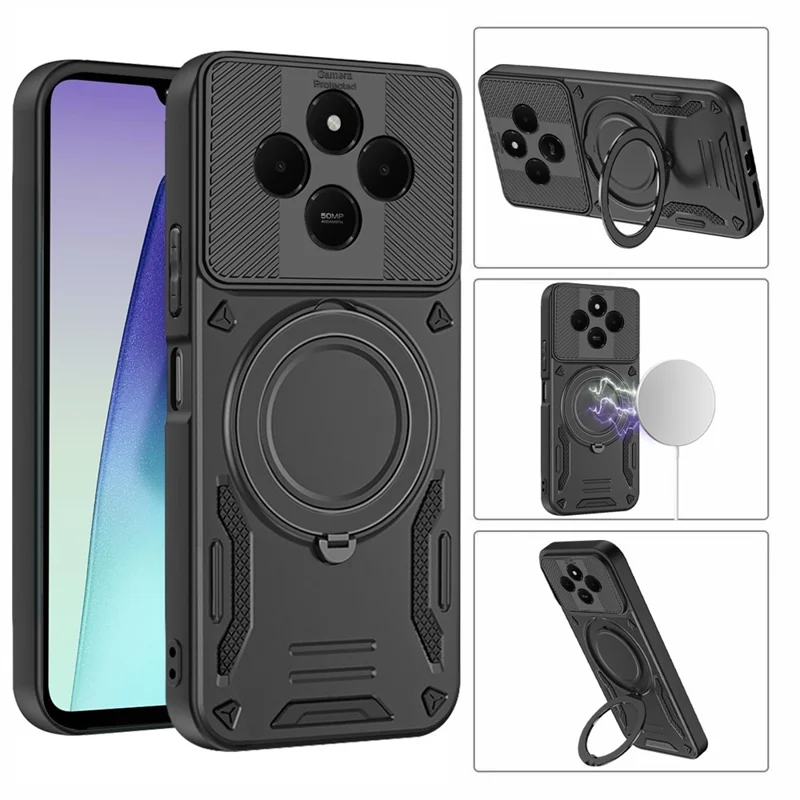 For Xiaomi Redmi 14C 5G Magnetic Case Shockproof TPU + PC Phone Back Cover with Kickstand - Black