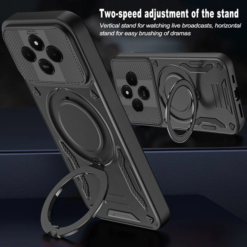 For Xiaomi Redmi 14C 5G Magnetic Case Shockproof TPU + PC Phone Back Cover with Kickstand - Black