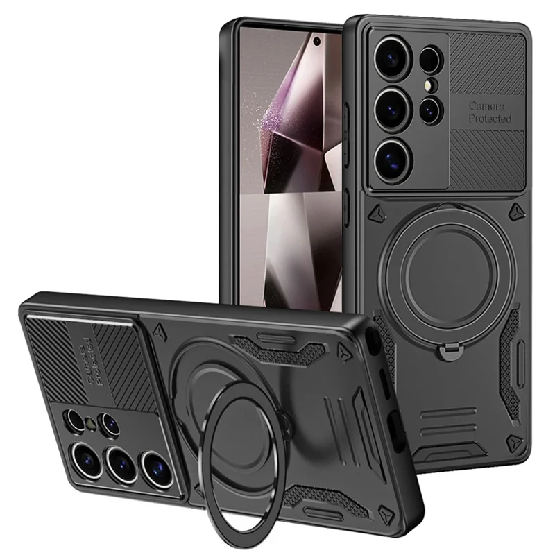 For Samsung Galaxy S25 Ultra Magnetic Case Shockproof TPU + PC Phone Back Cover with Kickstand - Black