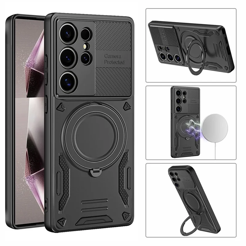 For Samsung Galaxy S25 Ultra Magnetic Case Shockproof TPU + PC Phone Back Cover with Kickstand - Black
