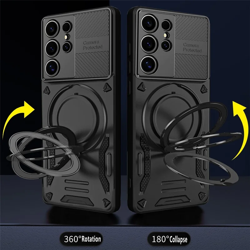 For Samsung Galaxy S25 Ultra Magnetic Case Shockproof TPU + PC Phone Back Cover with Kickstand - Black