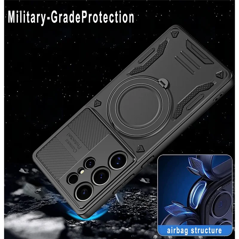 For Samsung Galaxy S25 Ultra Magnetic Case Shockproof TPU + PC Phone Back Cover with Kickstand - Black