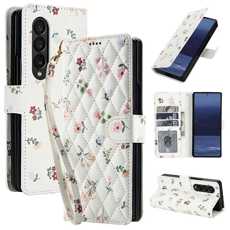 For Samsung Galaxy Z Fold4 5G Wallet Case Rhombic Floral Design Leather Flip Phone Cover with Strap - A1