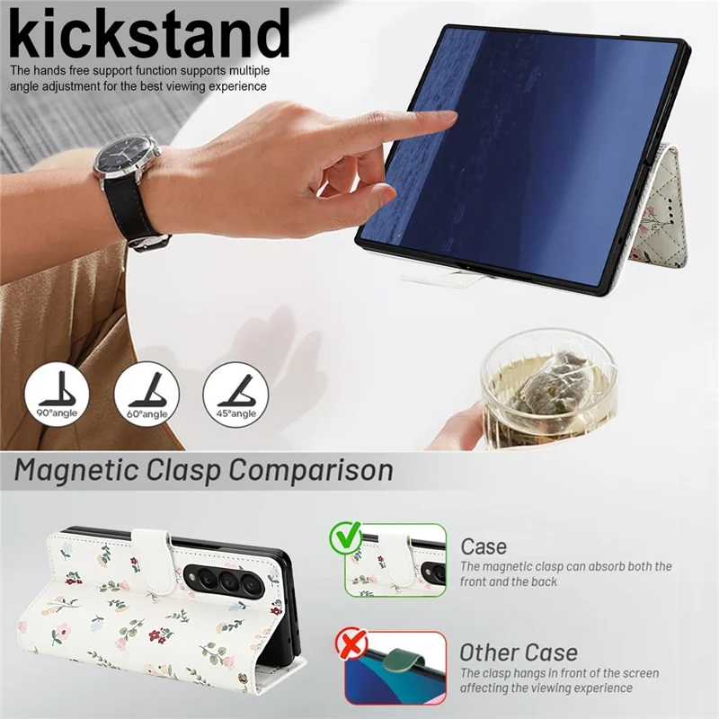 For Samsung Galaxy Z Fold4 5G Wallet Case Rhombic Floral Design Leather Flip Phone Cover with Strap - A1